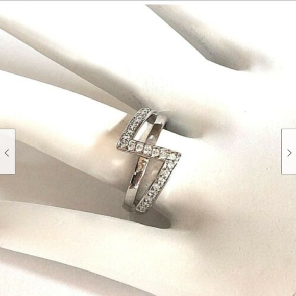 Silver Art Deco Cocktail Ring Size 6 7 9 Cubic Zirconia Rhodium Plated Geometric - Picture 3 of 7